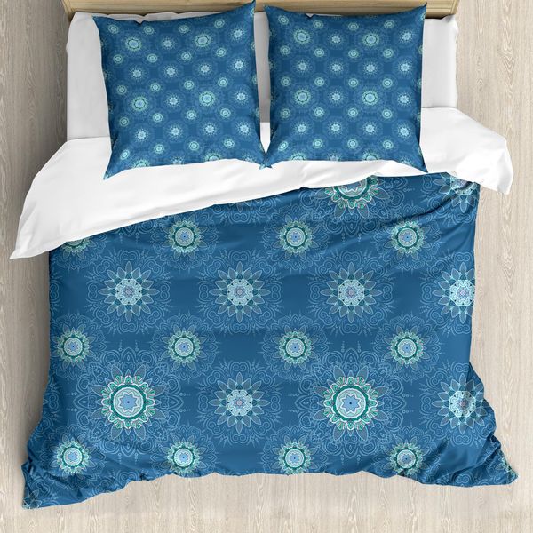 Abakuhaus Set Copripiumino Blu Mandala Per Letti Singoli, Motivo Floreale Filigranato, Antiacaro, Adatto A Chi Soffre Di Allergie, Con Federa, 200 Cm X 200 Cm - 80 X 80 Cm, Azzurro E Multicolore-image