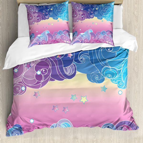 Abakuhaus Set Copripiumino Artistico Per Letti Singoli, Nuvole E Stelle, Antiacaro, Adatto A Chi Soffre Di Allergie, Con Federa, 200 Cm X 200 Cm - 80 X 80 Cm, Multicolore-image