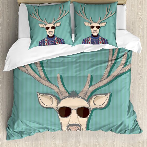 Set Copripiumino Abakuhaus Hipster Per Letti Singoli, Cervo Con Maglione Colorato, Antiacaro, Adatto A Chi Soffre Di Allergie, Con Federa, 155 Cm X 220 Cm - 80 X 80 Cm, Multicolore-image