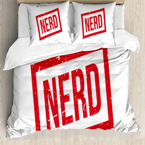 Abakuhaus Set Copripiumino Geeky Per Letti Singoli, Stile Grunge Con Scritte Nerd, Antiacaro, Adatto A Chi Soffre Di Allergie, Con Federa, 155 Cm X 220 Cm - 80 X 80 Cm, Bianco Vermiglio-image