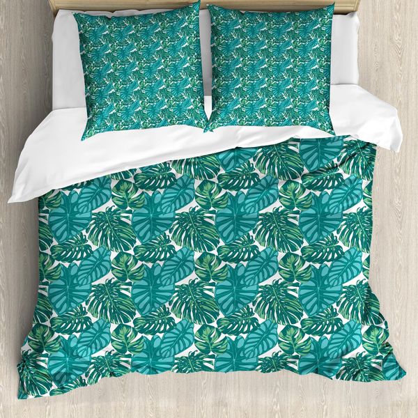 Abakuhaus Set Copripiumino Esotico Per Letti Singoli, Foglie Tropicali Della Giungla, Antiacaro, Adatto A Chi Soffre Di Allergie, Con Federa, 155 Cm X 220 Cm - 80 X 80 Cm, Verde Acqua Scuro-image