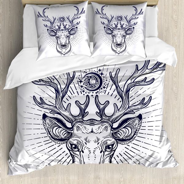 Abakuhaus Set Copripiumino Wild Jagen Per Letti Singoli, Disegno Testa Di Renna, Antiacaro, Adatto A Chi Soffre Di Allergie, Con Federa, 155 Cm X 220 Cm - 80 X 80 Cm, Viola, Blu, Grigio-image