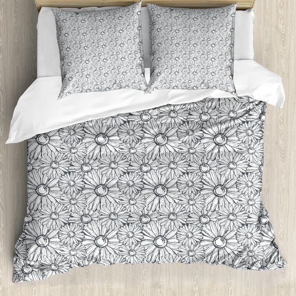 Abakuhaus Set Copripiumino Per Letti Singoli, Outline Camomilla, Antiacaro, Adatto A Chi Soffre Di Allergie, Con Federa, 200 Cm X 200 Cm - 80 X 80 Cm, Blu Scuro, Grigio, Bianco-image
