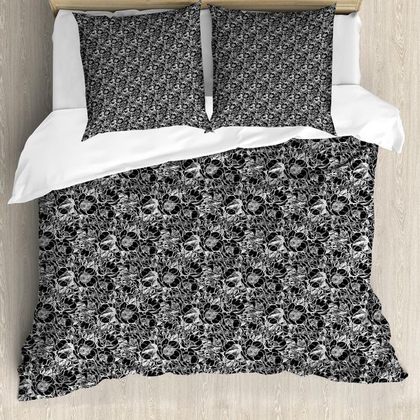 Set Copripiumino Abakuhaus Per Letti Singoli, Peonie Monocromatiche, Antiacaro, Adatto A Chi Soffre Di Allergie, Con Federa, 200 Cm X 200 Cm - 80 X 80 Cm, Grigio Antracite E Bianco-image
