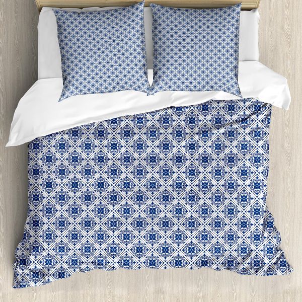 Abakuhaus Set Copripiumino Marocchino Per Letti Singoli, Damasco Tradizionale Floreale, Antiacaro, Adatto A Chi Soffre Di Allergie, Con Federa, 155 Cm X 220 Cm - 80 X 80 Cm, Bianco Sporco E Blu Cielo Scuro-image
