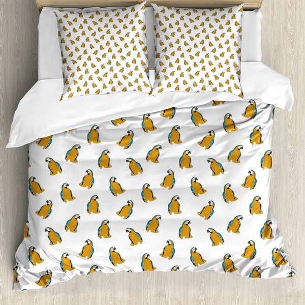 Abakuhaus Set Copripiumino Per Letto Singolo Yellow Bird, Pappagalli Tropicali, Antiacaro, Adatto A Chi Soffre Di Allergie, Con Federa, 155 Cm X 220 Cm - 80 X 80 Cm, Giallo Scuro Blu Cadetto-image