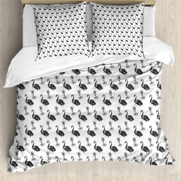 Abakuhaus Set Copripiumino Swans Per Letti Singoli, Nero-Uccelli Acquatici Lotus, Antiacaro, Adatto A Chi Soffre Di Allergie, Con Federa, 155 Cm X 220 Cm - 80 X 80 Cm, Corallo Grigio Antracite-image