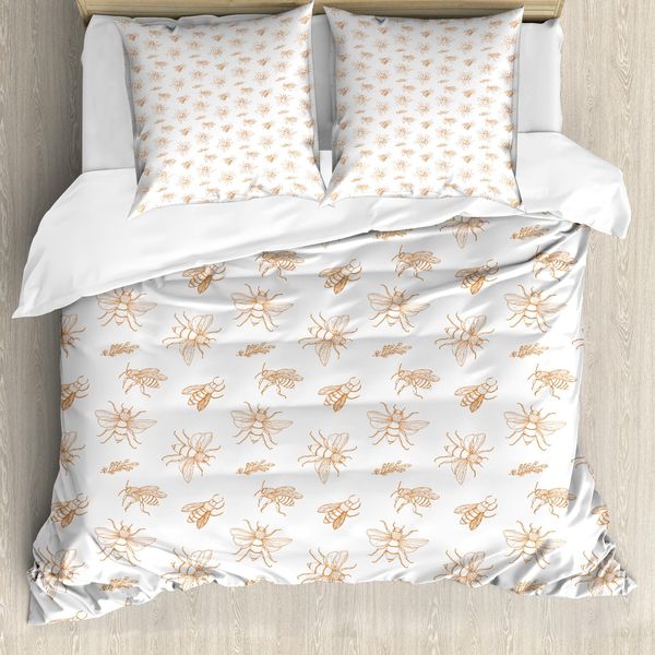 Abakuhaus Set Copripiumino Per Letto Singolo BienenköNigin, Motivo A Contorni, Antiacaro, Adatto A Chi Soffre Di Allergie, Con Federa, 200 Cm X 200 Cm - 80 X 80 Cm, Ambra E Bianco-image