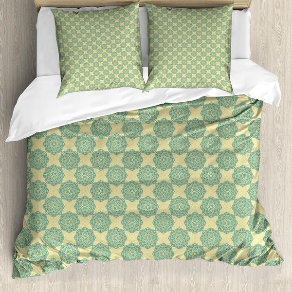 Abakuhaus Set Copripiumino Blu Mandala Per Letti Singoli, Elemento Floreale Orientale, Antiacaro, Adatto A Chi Soffre Di Allergie, Con Federa, 200 Cm X 200 Cm - 80 X 80 Cm, Verde Alloro E Crema-image