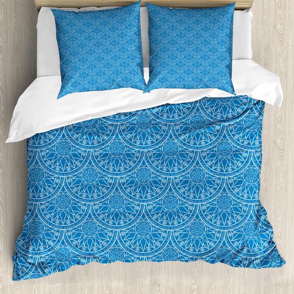 Abakuhaus Set Copripiumino Blu Mandala Per Letti Singoli, Motivo Floreale Monocromatico, Antiacaro, Adatto A Chi Soffre Di Allergie, Con Federa, 200 Cm X 200 Cm - 80 X 80 Cm, Blu Mare E Bianco-image