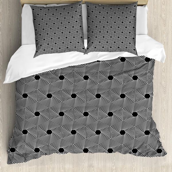 Abakuhaus Set Copripiumino Artistico Per Letti Singoli, Effetto Ondulato Esagoni, Antiacaro, Adatto A Chi Soffre Di Allergie, Con Federa, 200 Cm X 200 Cm - 80 X 80 Cm, Grigio Antracite E Bianco-image