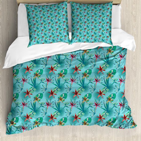 Abakuhaus Set Copripiumino Paradiesvogel Per Letti Singoli, Accenti Tropicali, Antiacaro, Adatto A Chi Soffre Di Allergie, Con Federa, 200 Cm X 200 Cm - 80 X 80 Cm, Azzurro E Multicolore-image