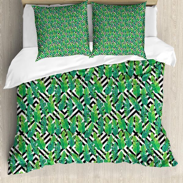 Abakuhaus Set Copripiumino Minimalista Per Letti Singoli, Foglie Di Banano Su Sfondo Moderno, Antiacaro, Adatto A Chi Soffre Di Allergie, Con Federa, 200 Cm X 200 Cm - 80 X 80 Cm, Fern Green Koksgraue-image