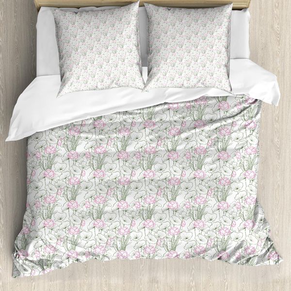 Abakuhaus Set Copripiumino Rosa Per Letti Singoli, Disegno Fiori Di Loto, Antiacaro, Adatto A Chi Soffre Di Allergie, Con Federa, 155 Cm X 220 Cm - 80 X 80 Cm, Verde Oliva Rosa-image