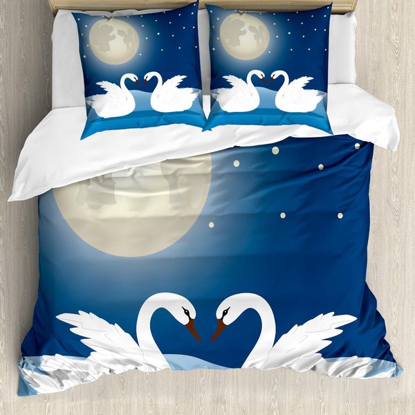 Abakuhaus Set Copripiumino Swans Per Letti Singoli, Moonlight Sky At Night Kunst, Antiacaro, Adatto A Chi Soffre Di Allergie, Con Federa, 155 Cm X 220 Cm - 80 X 80 Cm, Crema Scuro Sky Blue-image