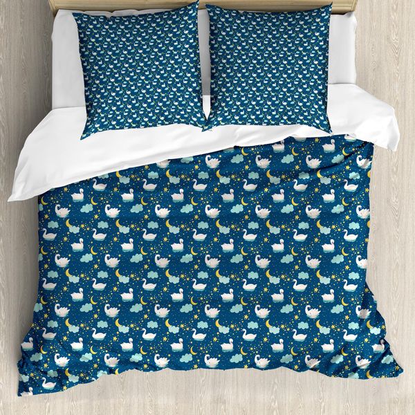Abakuhaus Set Copripiumino Swans Per Letti Singoli, Uccelli Acquatici Di Night Star, Antiacaro, Adatto A Chi Soffre Di Allergie, Con Federa, 155 Cm X 220 Cm - 80 X 80 Cm, Blu Petrolio Multicolore-image