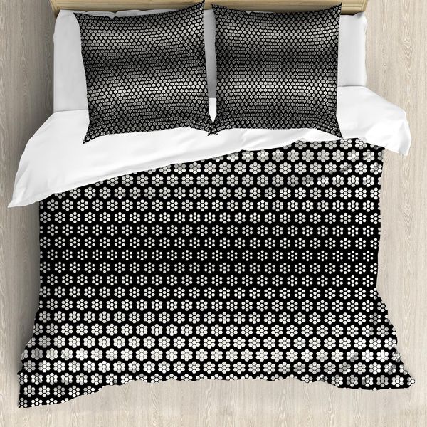 Abakuhaus Set Copripiumino Artistico Per Letti Singoli, Fiori Esagonali In Mezzitoni, Antiacaro E Anallergico Con Federa, 155 Cm X 220 Cm - 80 X 80 Cm, Grigio Antracite E Bianco-image