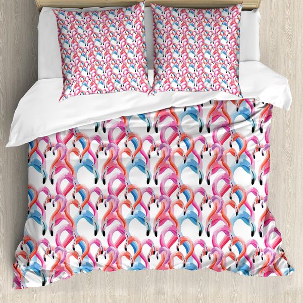 Abakuhaus Set Copripiumino Per Letto Singolo Flamingo, Uccelli Acquerellati Color Pastello, Antiacaro, Adatto A Chi Soffre Di Allergie, Con Federa, 200 Cm X 200 Cm - 80 X 80 Cm, Multicolore-image