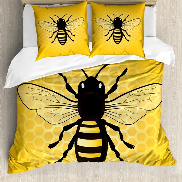 Abakuhaus Set Copripiumino Queen Bee Per Letti Singoli, Dettaglio Con Insetti, Antiacaro, Adatto A Chi Soffre Di Allergie, Con Federa, 155 Cm X 220 Cm - 80 X 80 Cm, Terra Giallo Grigio-image