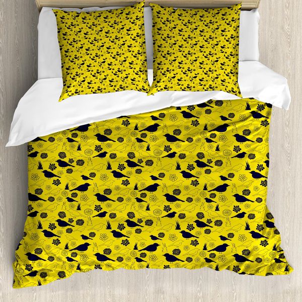 Abakuhaus Set Copripiumino Giallo Con Uccelli Per Letti Singoli, Uccelli E Petali Di Fiori, Antiacaro, Adatto A Chi Soffre Di Allergie, Con Federa, 155 Cm X 220 Cm - 80 X 80 Cm, Giallo Indaco-image