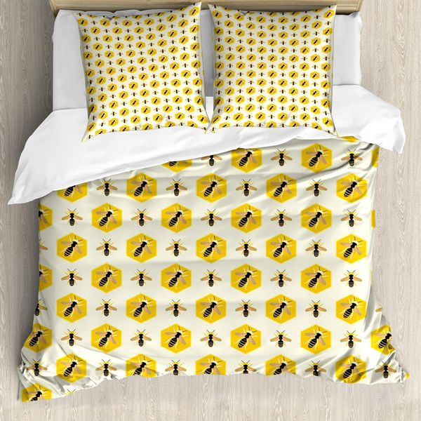 Abakuhaus Set Copripiumino Queen Bee Per Letti Singoli, Motivo A Esagoni Ripetuti, Antiacaro E Anallergico, Con Federa, 155 Cm X 220 Cm - 80 X 80 Cm, Giallo Terra E Grigio Chiaro-image