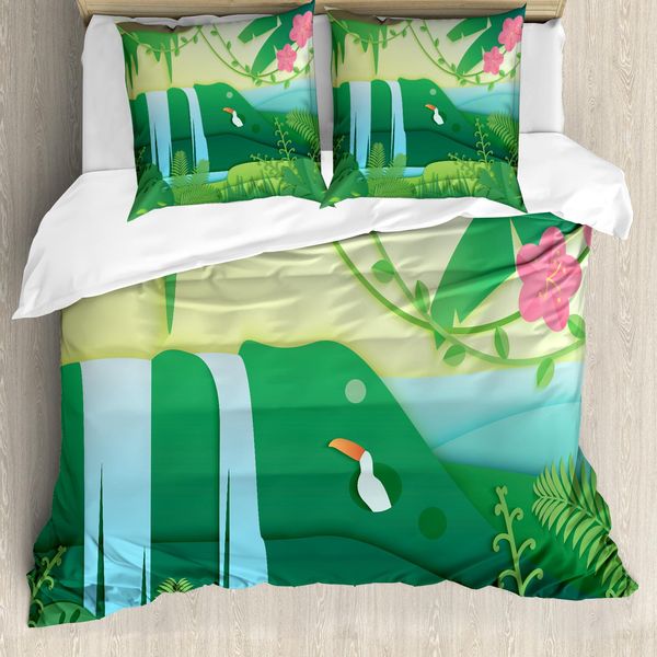 Set Copripiumino Abakuhaus Per Letti Singoli, Foresta Tropicale Cartoon, Antiacaro, Adatto A Chi Soffre Di Allergie, Con Federa, 200 Cm X 200 Cm - 80 X 80 Cm, Multicolore-image