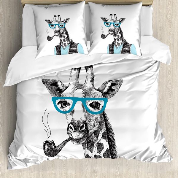 Set Copripiumino Abakuhaus Hipster Per Letti Singoli, Giraffa Divertente Con Fischietto, Antiacaro, Adatto A Chi Soffre Di Allergie, Con Federa, 200 Cm X 200 Cm - 80 X 80 Cm, Blu Grigio-image