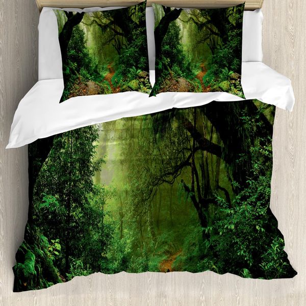Abakuhaus Set Copripiumino Per Letti Singoli, Foresta In Asia Touristic, Antiacaro, Adatto A Chi Soffre Di Allergie, Con Federa, 155 Cm X 220 Cm - 80 X 80 Cm, Verde Marrone-image