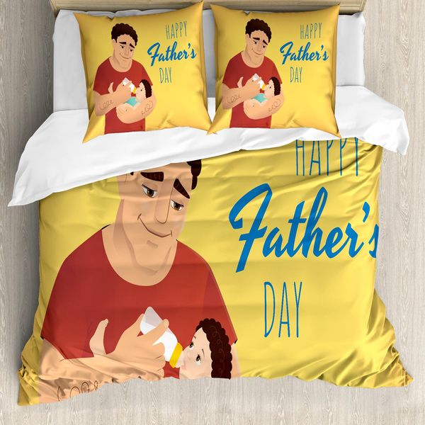 Abakuhaus Set Copripiumino Per Letto Singolo Per La Festa Del Papà, Man FüTterung Sein Kind, Antiacaro, Adatto A Chi Soffre Di Allergie, Con Federa, 155 Cm X 220 Cm - 80 X 80 Cm, Senape Multicolore-image