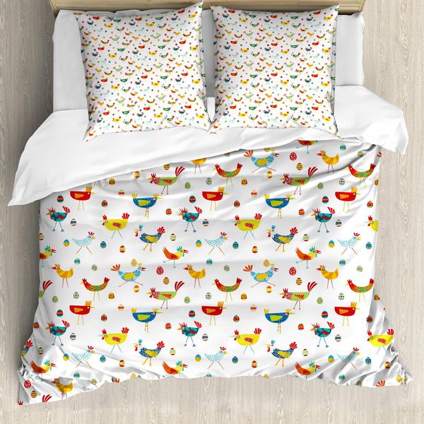 Abakuhaus Set Copripiumino Vivace Per Letti Singoli, Galline E Uova Colorate, Antiacaro, Adatto A Chi Soffre Di Allergie, Con Federa, 200 Cm X 200 Cm - 80 X 80 Cm, Giallo Verde Azzurro-image