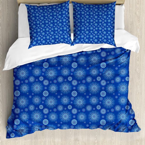 Abakuhaus Set Copripiumino Blu Mandala Per Letti Singoli, Motivo Floreale Artistico, Antiacaro, Adatto A Chi Soffre Di Allergie, Con Federa, 155 Cm X 220 Cm - 80 X 80 Cm, Blu Cielo E Blu Violetto-image