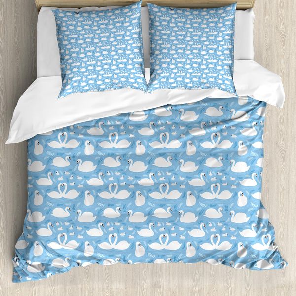 Abakuhaus Set Copripiumino Swans Per Letti Singoli, Bianco Uccelli Acquatici E Bambini, Antiacaro, Adatto A Chi Soffre Di Allergie, Con Federa, 200 Cm X 200 Cm - 80 X 80 Cm, Azzurro Pallido E Salmone-image