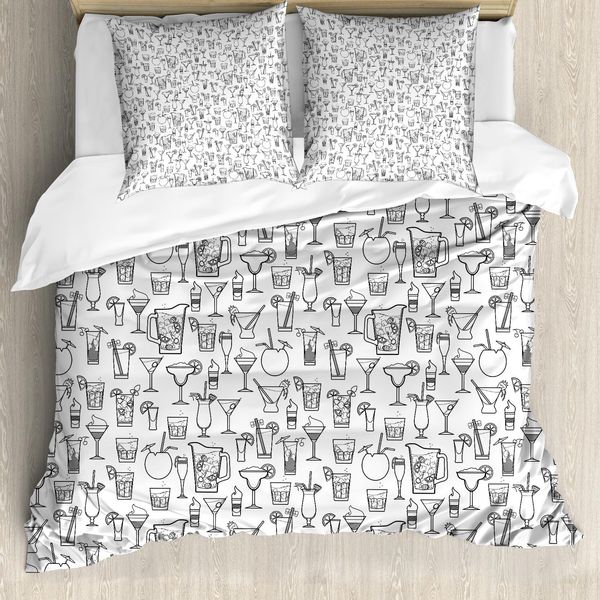 Abakuhaus Set Copripiumino Per Letto Singolo, Monochrome Cocktails, Antiacaro E Anallergico, Con Federa, 155 Cm X 220 Cm - 80 X 80 Cm, Grigio Antracite E Bianco-image