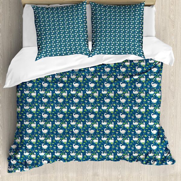 Abakuhaus Set Copripiumino Swans Per Letti Singoli, Uccelli Acquatici Fiori Di Loto, Antiacaro Adatto A Chi Soffre Di Allergie Con Federa, 200 Cm X 200 Cm - 80 X 80 Cm, Verde Lime Seafoam-image