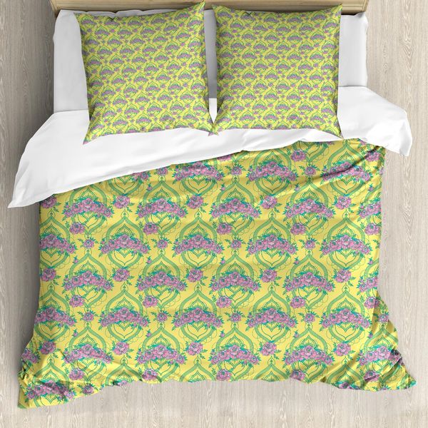 Abakuhaus Set Copripiumino Rosa A Fiori Per Letti Singoli, Romantico Motivo Floreale Bloom, Antiacaro, Adatto A Chi Soffre Di Allergie, Con Federa, 155 Cm X 220 Cm - 80 X 80 Cm, Giallo Pastello Rosa-image