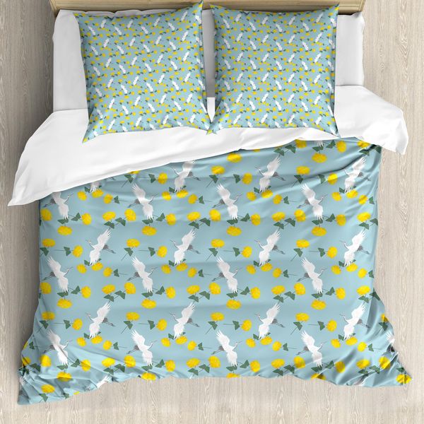 Abakuhaus Set Copripiumino Giallo Per Letti Singoli, Gru E Fiori, Antiacaro, Adatto A Chi Soffre Di Allergie, Con Federa, 200 Cm X 200 Cm - 80 X 80 Cm, Azzurro Giallo-image
