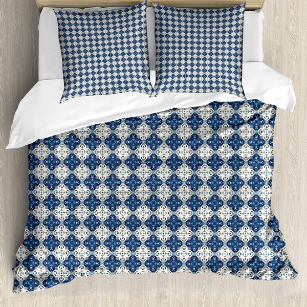 Abakuhaus Set Copripiumino Marocchino Per Letti Singoli, Patchwork Floreale, Antiacaro, Adatto A Chi Soffre Di Allergie, Con Federa, 200 Cm X 200 Cm - 80 X 80 Cm, Blu Cielo Scuro Avorio-image
