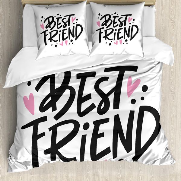 Abakuhaus Set Copripiumino Best Friend Per Letti Singoli, Scritta Girly, Antiacaro, Adatto A Chi Soffre Di Allergie, Con Federa, 155 Cm X 220 Cm - 80 X 80 Cm, Rosa Pallido E Grigio Carbone-image