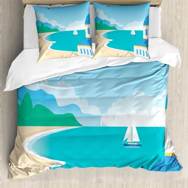 Abakuhaus Set Copripiumino Grafico Per Letti Singoli, Calm Seascape Cartoon, Antiacaro, Adatto A Chi Soffre Di Allergie, Con Federa, 155 Cm X 220 Cm - 80 X 80 Cm, Multicolore-image