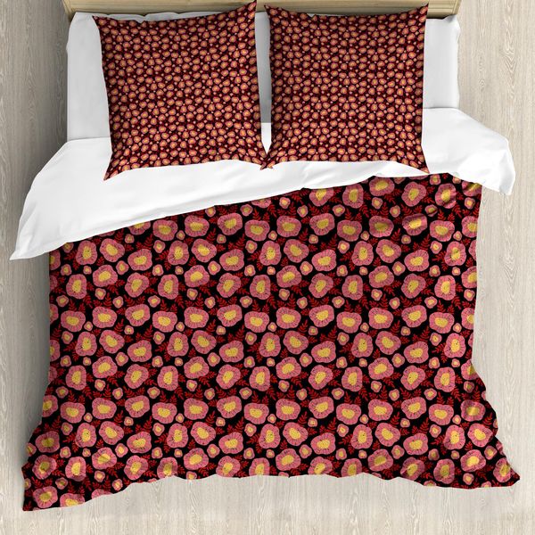 Abakuhaus Set Copripiumino Per Letti Singoli, Motivo Floreale Vintage, Antiacaro E Anallergico, Con Federa, 200 Cm X 200 Cm - 80 X 80 Cm, Corallo Grigio Antracite-image