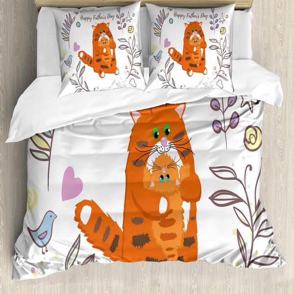 Abakuhaus Set Copripiumino Per Letto Singolo Per La Festa Del Papà, Papà E Gattini In Fiore, Antiacaro, Adatto A Chi Soffre Di Allergie, Con Federa, 155 Cm X 220 Cm - 80 X 80 Cm, Multicolore-image
