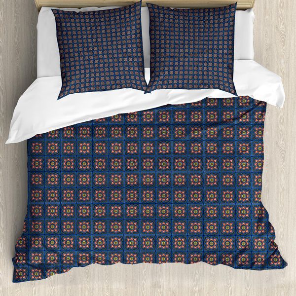 Abakuhaus Set Copripiumino Marocchino Per Letti Singoli, Tradizionale Orientale Floreale, Antiacaro, Adatto A Chi Soffre Di Allergie, Con Federa, 155 Cm X 220 Cm - 80 X 80 Cm, Blu Cielo Scuro Multicolore-image