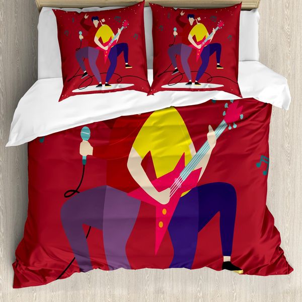 Abakuhaus Set Copripiumino Rock'n'Roll Per Letti Singoli, Chitarrista E Cantante, Antiacaro, Adatto A Chi Soffre Di Allergie, Con Federa, 155 Cm X 220 Cm - 80 X 80 Cm, Rubino E Multicolore-image