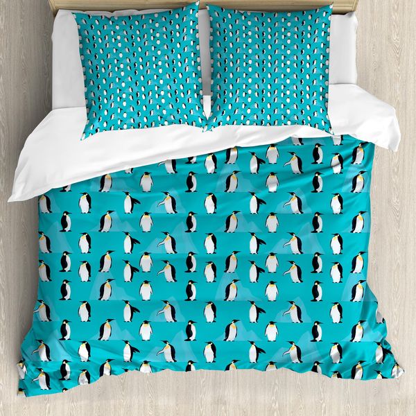 Abakuhaus Set Copripiumino Blu Turchese Per Letti Singoli, Pinguini, Antiacaro, Adatto A Chi Soffre Di Allergie, Con Federa, 155 Cm X 220 Cm - 80 X 80 Cm, Turchese Scuro Grigio Scuro-image