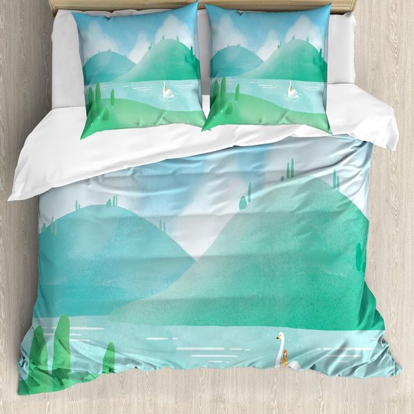 Abakuhaus Set Copripiumino Per Letti Singoli Swans, Paesaggio Pastorale Primaverile, Antiacaro, Adatto A Chi Soffre Di Allergie, Con Federa, 200 Cm X 200 Cm - 80 X 80 Cm, Seafoam Azzurro Pallido-image