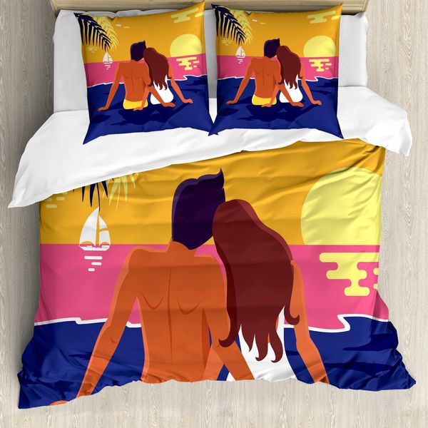 Abakuhaus Set Copripiumino Con Motivo Grafico Per Letti Singoli, Romantica Coppia Sulla Costa, Antiacaro, Adatto A Chi Soffre Di Allergie, Con Federa, 200 Cm X 200 Cm - 80 X 80 Cm, Multicolore-image