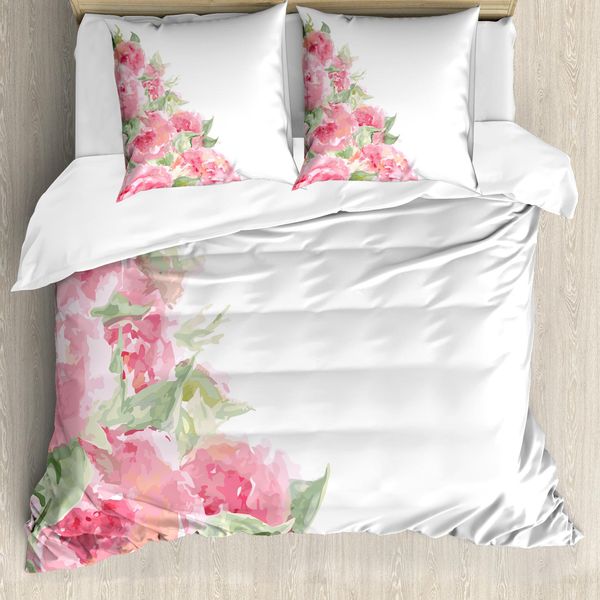 Abakuhaus Set Copripiumino Per Letto Singolo, Motivo Floreale Acquerellato, Antiacaro E Anallergico, Con Federa, 200 Cm X 200 Cm - 80 X 80 Cm, Verde Rubino-image