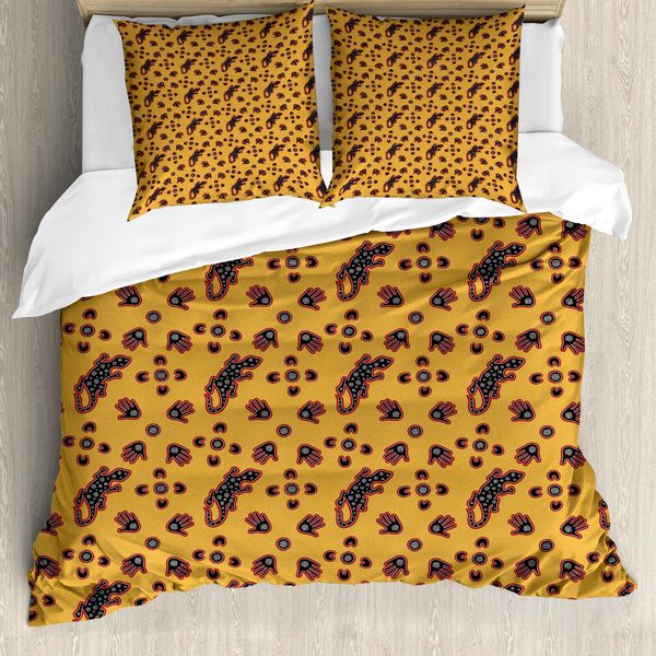 Set Copripiumino Abakuhaus Per Letti Singoli, Motivo Aborigeno, Antiacaro, Adatto A Chi Soffre Di Allergie, Con Federa, 200 Cm X 200 Cm - 80 X 80 Cm, Marigold Multicolor-image