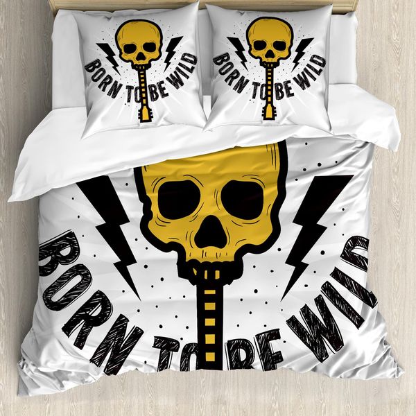 Abakuhaus Set Copripiumino Rock'n'Roll Per Letti Singoli, Scritta Born Wild, Antiacaro, Adatto A Chi Soffre Di Allergie, Con Federa, 155 Cm X 220 Cm - 80 X 80 Cm, Terra Giallo Grigio-image
