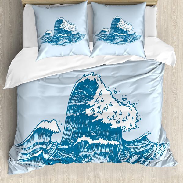 Abakuhaus Set Copripiumino Con Motivo Grafico Per Letti Singoli, Nautical Waves Kunst, Antiacaro, Adatto A Chi Soffre Di Allergie, Con Federa, 200 Cm X 200 Cm - 80 X 80 Cm, Blu Scuro Turchese-image